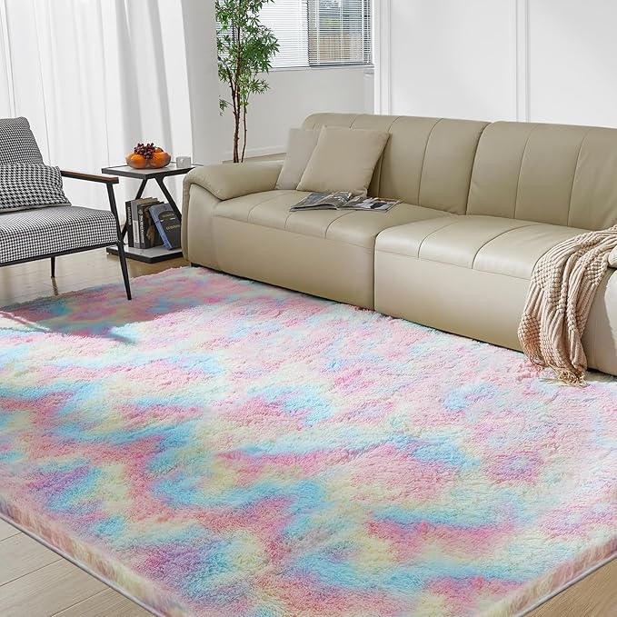 Ultra Soft Rug for Living Room, 4X6 Fluffy Shag Area Rug for Bedroom, Modern Shaggy Carpets Fuzzy Rug for Teens Dorm Nursery Home Decor Aesthetic, Upgrade Anti-Skid Durable, Rainbow
