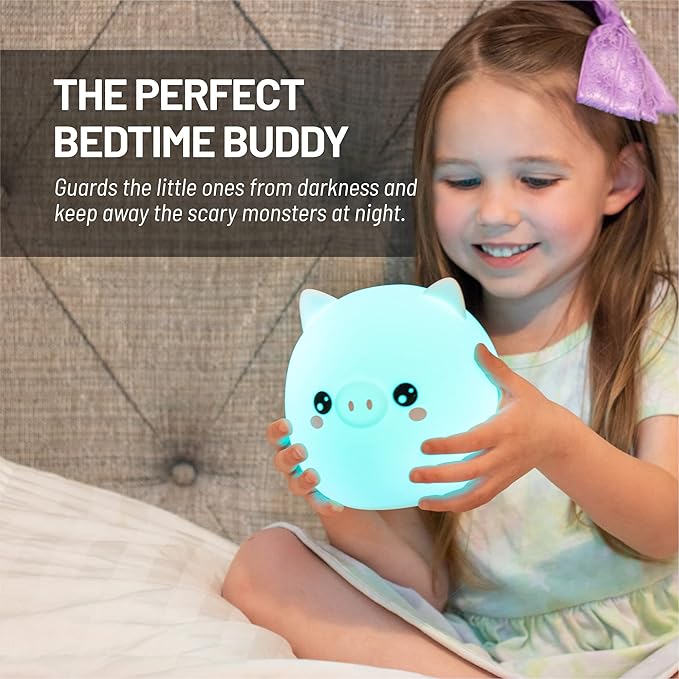 Lumipets Remote Control Silicone Night Light for Kids - Pig Design with 9 Soft Colors & Sleep Timer - Rechargeable, Battery-Operated Lamp for Bedroom | Baby Nursery, Toddler, Girls, Boys