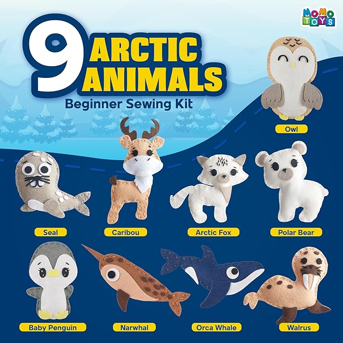 MOMOTOYS Arctic Animals Beginner Sewing Kit for Kids Ages 7+ – Includes 9 Kids Sewing Projects with Tools & Art Supplies – DIY Felt Crafts for Girls & Boys – Gifts for 7, 8, 9, 10, 11, 12 Year Old