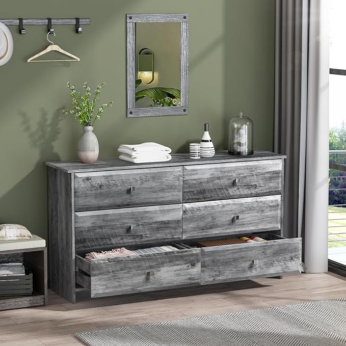 VINGLI Gray Dresser 6 Drawer, 54" Long Dresser for Bedroom, Wood Chest of Drawers with Textured Drawer Fronts, Rustic Grey Dressers Chest, 14.5" D x 53.9" W x 29.1" H