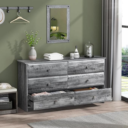 VINGLI Gray Dresser 6 Drawer, 54" Long Dresser for Bedroom, Wood Chest of Drawers with Textured Drawer Fronts, Rustic Grey Dressers Chest, 14.5" D x 53.9" W x 29.1" H