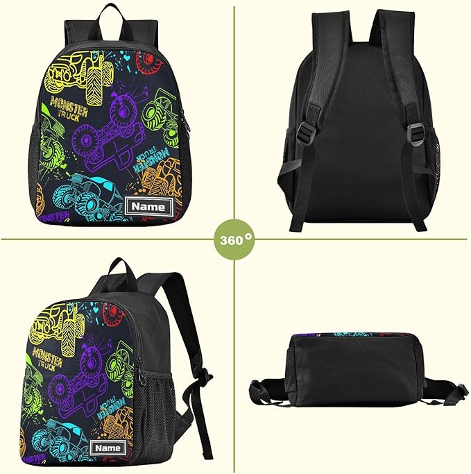 Toddler Backpack Colorful Monster Truck Waterproof Mini Backpack with Name/Text Preschool Backpack Cute Small Backpack Kindergarten Pre School Bags 11 Inch, Pattern 2