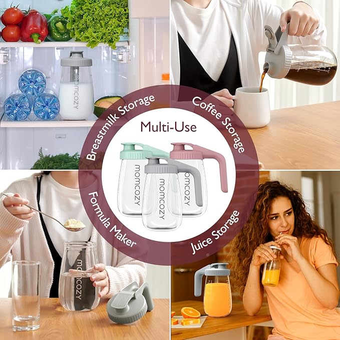 Momcozy Breast Milk Pitcher, Resistant to Heat and Cold Abrupt Temp Swings, No Leak Glass Breast Milk Fridge Storage Container with Wide Mouth, Fast Baby Formula Maker, Breastfeeding Essentials, Grey