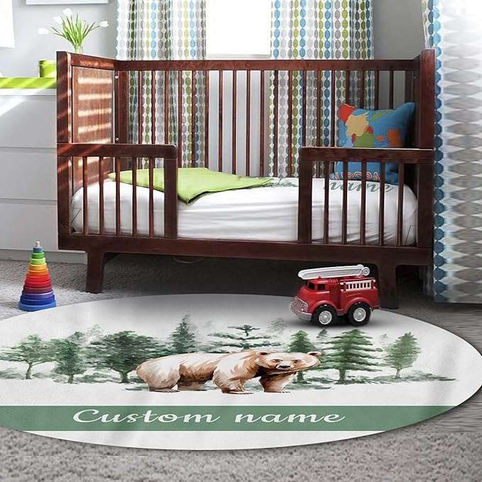 Personalized Baby Crib Bedding Set, 5-Piece Brown Bear Design Baby Crib Sets with Custom Name, Toddler Double Layer Blanket Fitted Sheets Changing Pad Cover Rug Wall Art Set, Charming Nursery Decor