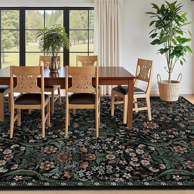 8x10 Washable Area Rug for Living Room, Large Vintage Black Floral Rugs, Soft Non-Slip Stain Resistant Boho Lightweight Carpet for Bedroom Dining Room Nursery Home Office
