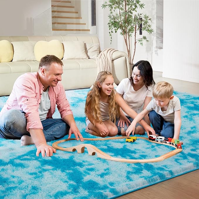 Ultra Soft Rug for Living Room, 8X10 Fluffy Shag Area Rug for Bedroom, Modern Shaggy Carpets Fuzzy Rug for Teens Dorm Nursery Home Decor Aesthetic, Upgrade Anti-Skid Durable, Tie-Dyed Blue