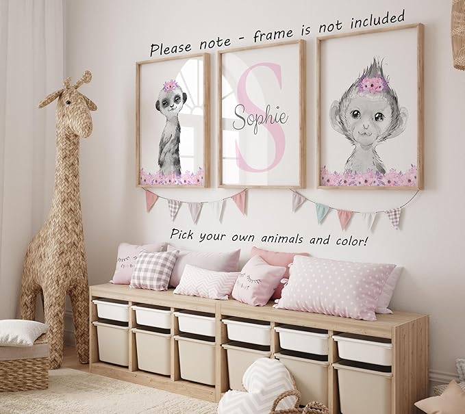 Safari Animals Girls Nursery Bedroom Unframed Set of 3 Poster Prints, Personalized Name Pink or Purple Flowers Wall Art Decor New Baby Gift Present, Elephant Giraffe Panda Zebra Lion (17x22)