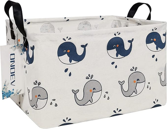 Rectangular Folding Laundry Basket,Canvas Basket,Nersury Hamper,Suitable for Children,Office,Bedroom,Clothes,Toys Storage (REC whale), 14.9’’L ×10.2’’W×9.05’’H inches