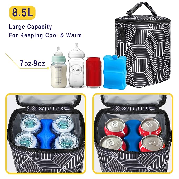 Breastmilk Cooler Bag with Ice Pack Fits 4 Baby Bottles Up to 9 Ounce Insulated Baby Bottle Bag Breast Milk Cooler on The Go with Strap Baby Bottle Cooler Bag for Nursing Mom Daycare or Travel