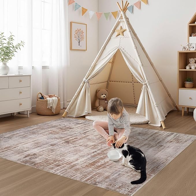 Area Rug for Living Room: 3x5 Washable Neutral Abstract Modern Soft Rugs Non Slip Indoor Floor Stain Resistant Carpet for Bedroom Dining Room Office Nursery - Red Brown