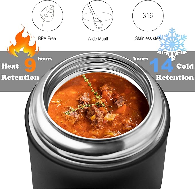 Thermo for Hot Food & Drinks, Thermo Lunch Box, 17oz Vacuum Insulated Food Container with Spoon&Drawstring Bag, Soup Thermo for Adults, Black