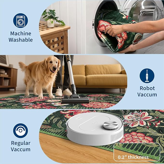 GarveeHome Forest Green Floral Botanical Washable 9x12 Rug for Living Room Soft Vintage Boho Cottage Large Rugs Low-Pile Carpet for Bedroom Dining Nursery Rug