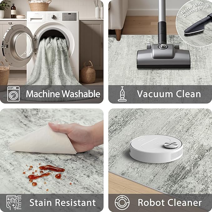 5x7 Area Rugs for Lliving Room Bedroom, Abstract Washable Rugs with Non-Slip Backing, Stain Resistant Thin Carpet for Dorm Dining Room Table Nursery Indoor Home Office-Gray