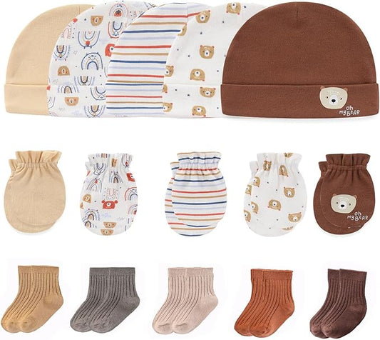 Newborn Baby Boy Girl Caps Mittens Socks Set Cotton Baby Essentials Accessories (Hats+Gloves+Socks)