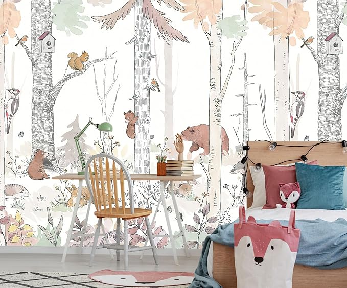 Watercolor Birch Tree Forest Wallpaper Woodland Animal Wall Mural for Kids Bedroom Nursery Room Living Room(Not Self-Adhesive)