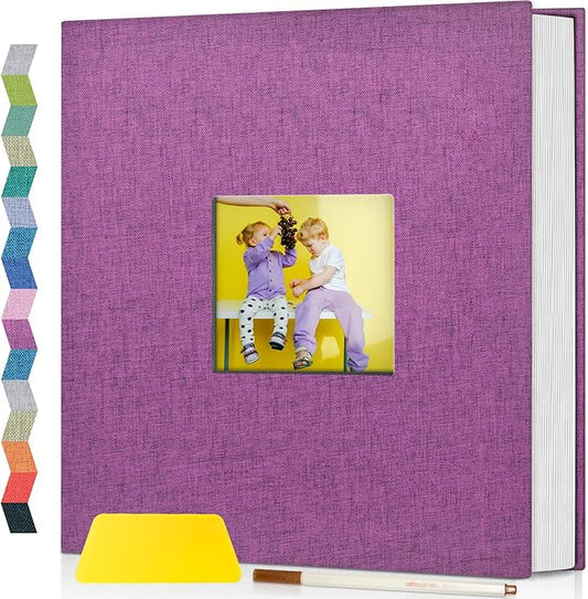 popotop Photo Album Self Adhesive with Picture Display Window,40 Pages DIY Scrapbooking Supplies Kit for 4x6 8x10 Picture,Linen Cover Memory Book for Baby Wedding, with Scraper and Metallic Pen