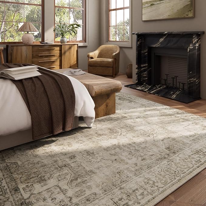 Washable Area Rugs for Living Room: 6x9 Bedroom Area Rugs Boho Vintage Rugs Stain Resistant Non Slip Low Pile Soft Lightweight Carpet for Kitchen Dining Room Farmhouse Nursery Kids Room Home Office