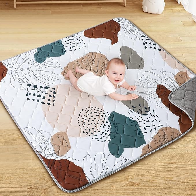 Baby Play Mat - Thicken 50x50 Inch Soft Foam Crawling Mat for Playpen & Floor, Non-Slip Waterproof Activity Playmats for Infants & Toddlers, Portable Foldable & Machine Washable, Boho Design