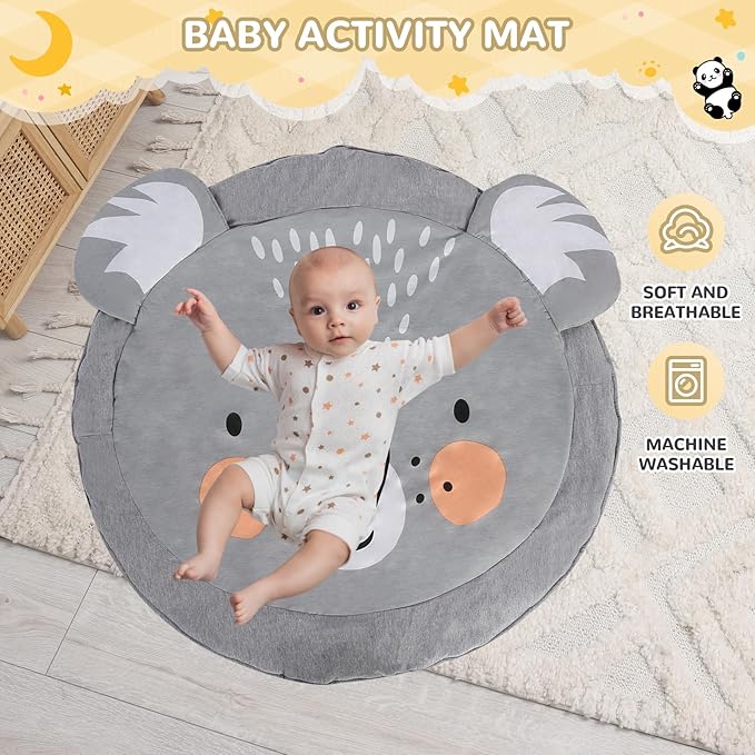 Baby Play Gym with Mat – Wooden Montessori Gym for Newborns 0-12M,Natural Pine Wood with 6 Sensory Toys,Foldable & Portable (Koala)