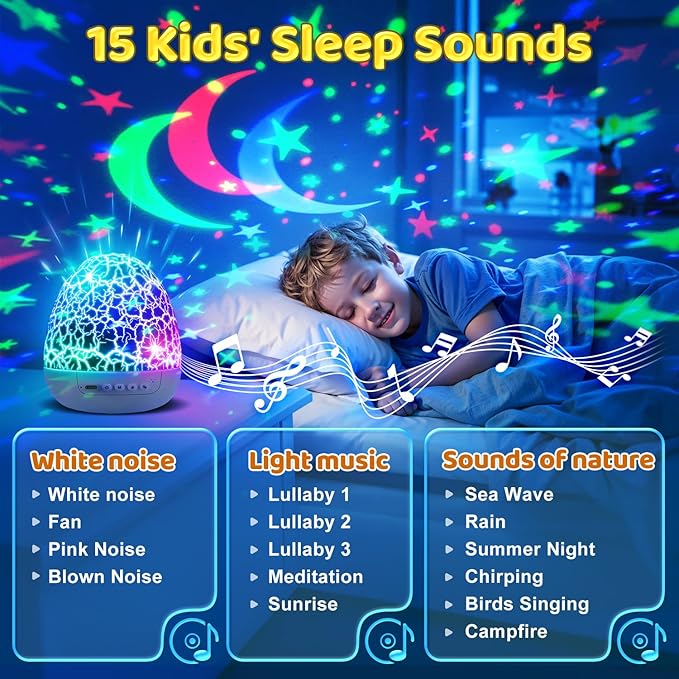 Baby Sound Machine Night Light Projector | 15 Sleeping Sounds & 3D Films | 31Colors & Remote Control | Toddler Night Light for Kids, Baby White Noise Machine, Sound Machine baby, Egg Light for Nursery