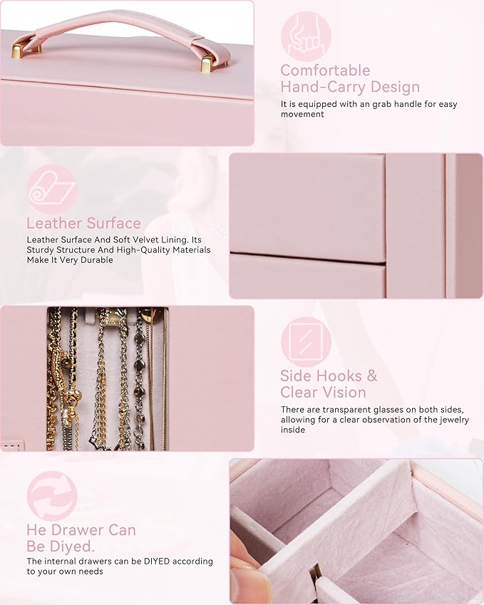 AKOZLIN 360° Rotating Jewelry Box 6-Tier Organizer Functional Jewelry Storage Case for Women Girls Ring Necklace Earring Bracelet Holder with Mirror Pink