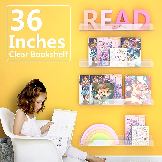 36 Inch 50% Thicker Clear Acrylic Book Shelves, Invisible Kids Wall Bookshelves for Baby Storage Book Rack, Toy Organizer, Book Display, Playroom, Bedroom, Toddler Room, Nursery 2 Packs