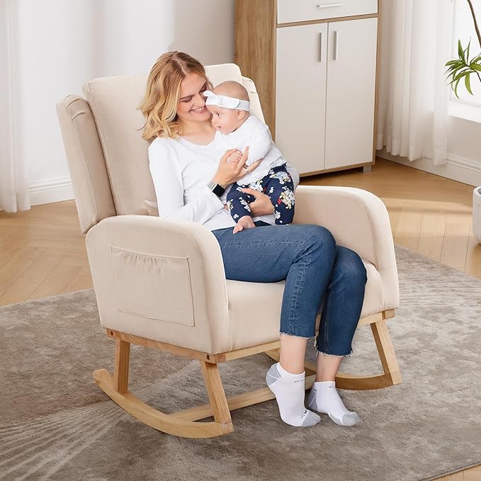 Rocking Chair Nursery, Nursing Rocking Chairs with Lumbar Pillow, Comfy Modern Nursery Glider Rocker Morden Accent Rocking Chair for Mom Nursery, Living Room, Bedroom, Beige