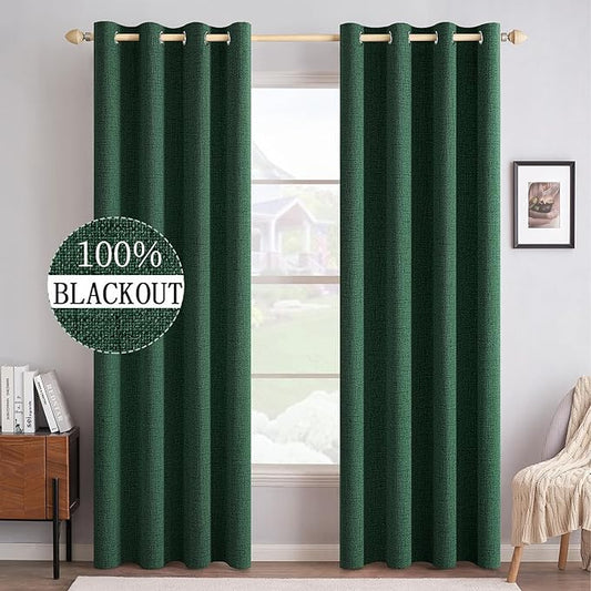MIULEE Linen Curtains for Bedroom 100% Blackout Thermal Insulated Emerald Green Grommet Room Darkening Curtains & Drapes Christmas Decor for Living Room Nursery 52 x 90 Inch (2 Panels)