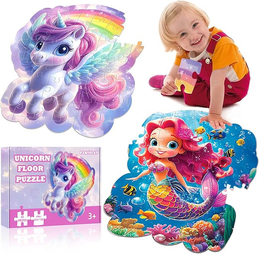 45pcs Unicorn & Mermaid Double-Sided Floor Puzzles, Ages 3-8, 27.6x32 In, Waterproof, EVA Material, Jumbo Jigsaw Puzzle, 1 Set of 45 Pieces