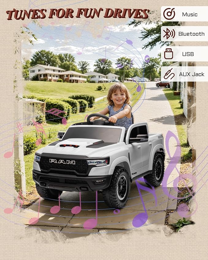 Licensed Ram 1500 RHO 12V Kids Ride on Truck, Toddler Ride on Toys with Remote Control, Children Electric Vehicles with Truck Bed Storage, Smooth Start, Music, Bluetooth (White)