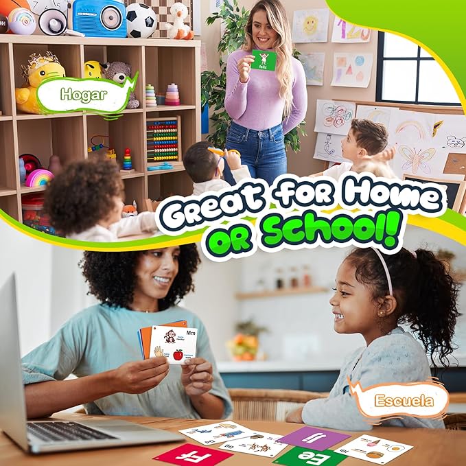 Spanish Flash Cards Toddler Bilingual Baby Cognitive Flashcards, Alphabet, Animals, Numbers, Shapes Colors, First Words, Body Parts,Emotions,Educational Toys Kindergarten Learning Activities