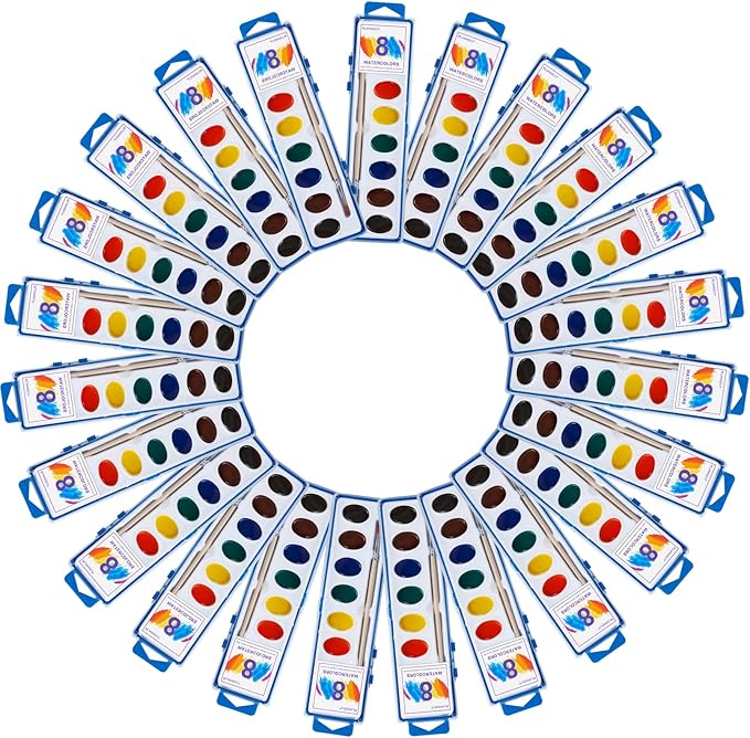 8 Colors Watercolor Paint Set for Kids,24 Pack Water Color Paints with Paint Brushes, Washable Paint for Classroom Art Activities Birthday Party Favors