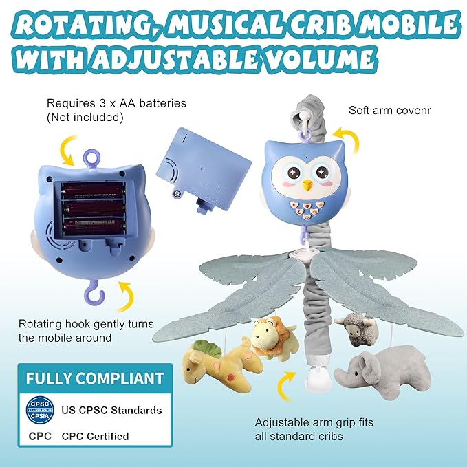 Baby Crib Mobile with Music and Lights for Boys Musical Mobile Animals for Crib Bassinet Girls Toys Hanging Portable Safari Nursery Decor Blue