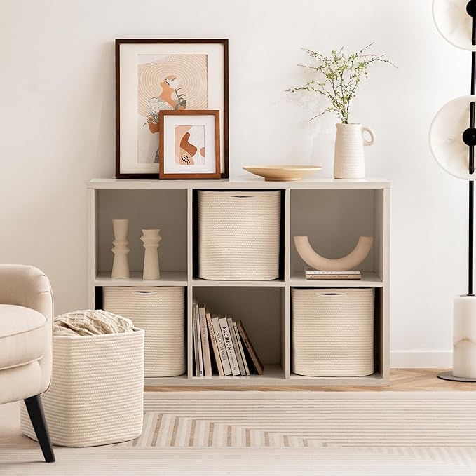 joybest Cube Storage Bins Set of 4, 13inch Cube Baskets Organizer for Nursery, Square Cotton Rope Baskets for Shelves Organizing, Kids Toy, Closet Storage, Beige