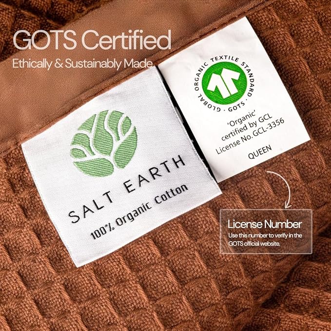 Salt Earth GOTS Certified 100% Organic Cotton Throw Blanket, 90" X 90" Blankets & Throws for Bed, Throw Blanket for Couch,Modern & Cozy Blanket, All Season Waffle Blanket, Soft Blanket (Potting Soil)
