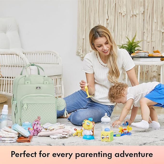 Dikaslon Diaper Bag Backpack with Portable Changing Pad, Pacifier Case and Stroller Straps, Large Unisex Baby Bags for Boys Girls, Multipurpose Travel Back Pack for Moms Dads, Mint Green