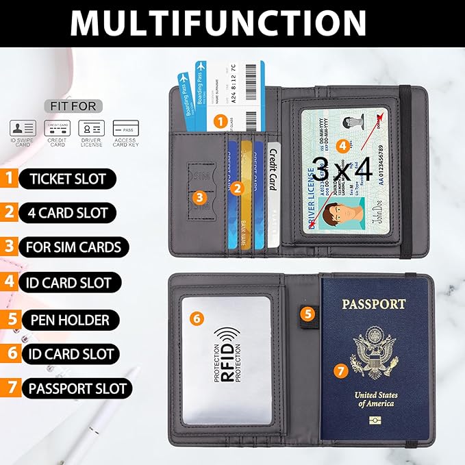 Melsbrinna Rfid Passport Holder for Travel women/Men, Cute Passport Wallet Rfid Blocking Card Slots, Rfid Passport Cover/CaseTravel Wallet, Passport Book Holder (1, Black3)