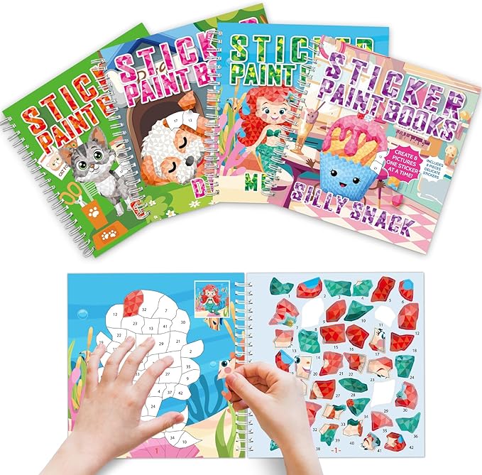 gisgfim 4Pcs Paint by Sticker Books Sticker by Number Books Activity Puzzle Book Craft Art Gift with Mermaid Cat Dog Silly Snack 32 Pictures Sticker by Number Book Set Party Favors