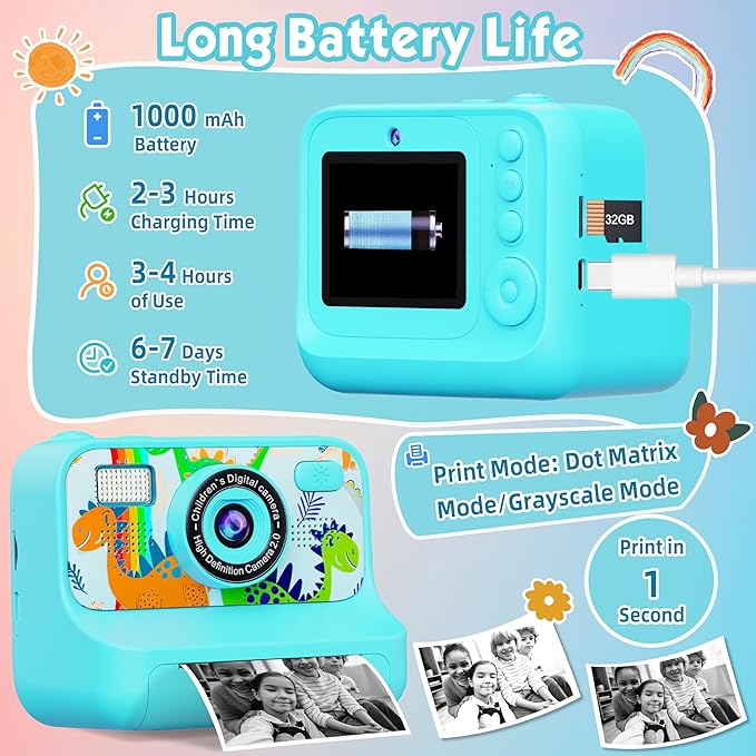 Kids Camera, Upgrade Kids Camera Instant Print, Front Rear Dual Selfie Digital CAM with 1080P Videos, Portable Travel Toy with Games and Music, Christmas Birthday Gift for Boys, Girls and Teens