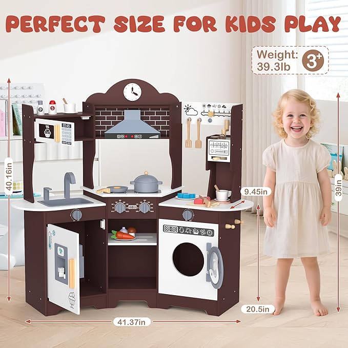 ANPABO Play Kitchen for Kids, Wooden Kitchen Playset w/Real Lights & Sounds, Coffee & Ice Maker, Microwave, Stove, 30Pcs Accessories Include Play Food, Pretend Play Set for Boys & Girls, Espresso