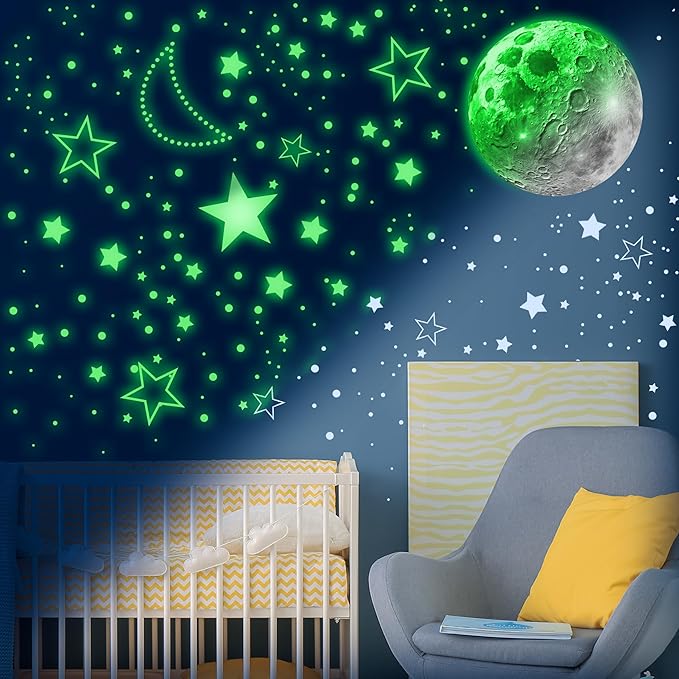 965 PCS Glow in The Dark Stars and Moon for Ceiling, Luminous Stars and Planet Wall Decals, Kids Room Decor, Glowing Galaxy Wall Stickers for Nursery Decorations (Green)