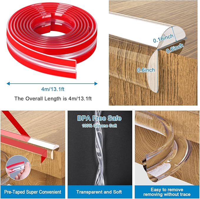 Baby Proofing, 0.6in Edge Protector Strip Clear, Thickened Silicone Soft Corner Protectors with Upgraded Pre-Taped Strong Adhesive, 13.1ft Edge Protectors for Cabinets, Tables, Drawers