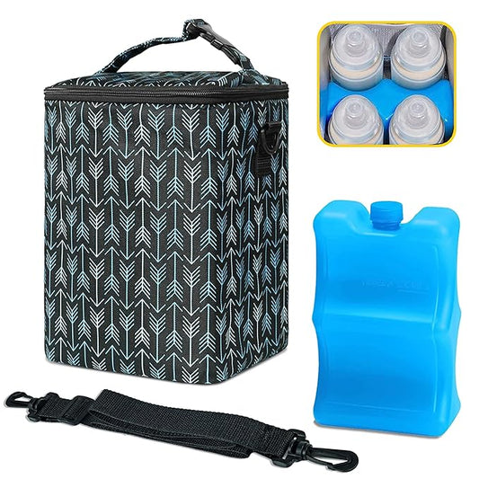 Breastmilk Cooler Bag with Ice Pack Fits 4 Baby Bottles Up to 9 Ounce Insulated Baby Bottle Bag Breast Milk Cooler on The Go with Strap Baby Bottle Cooler Bag for Nursing Mom Daycare or Travel