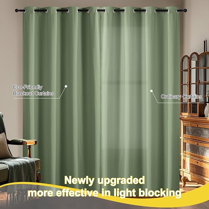 NICETOWN 100% Blackout Olive Green Curtains for Bedroom, Thermal Insulated Window Curtains 96 Inch Length 2 Panels Set, Grommet Top Drapes for Living Room, 52" W x 96" L