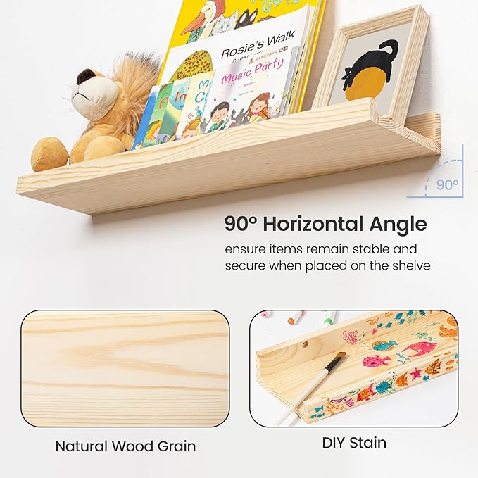 Picture Ledge Shelf for Wall, 48 inch Solid Pine Wood Nursery Book Shelves 2 Packs, Floating Ledge Shelves for Kids' Room Bedroom Bathroom Living Room Photo Frames Office Nursey Wall Decor, Natural