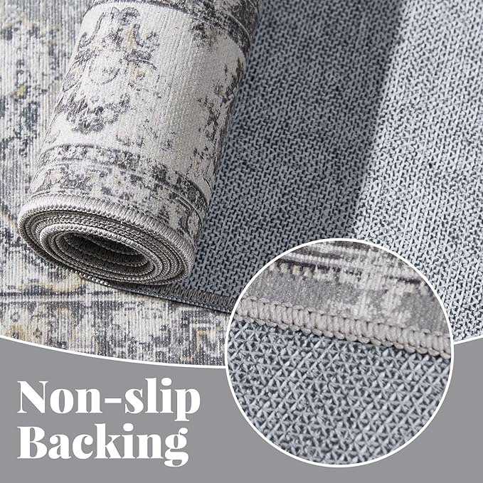 jinchan Hallway Runner Rug 3x8 Machine Washable Runner Rug Grey Vintage Floral Design Non-Slip Low Pile Ultra-Thin for Kitchen Laundry Room Bedroom Farmhouse (3‘x8',Grey)