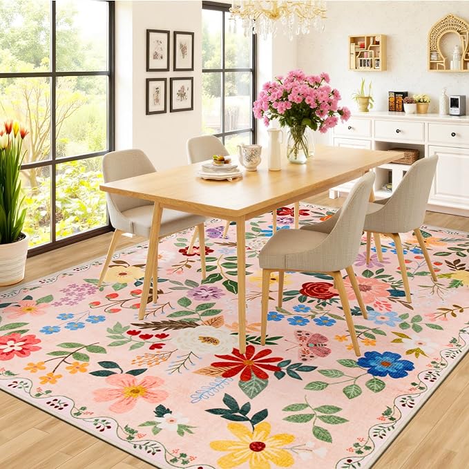 10x14 Area Rugs for Living Room: Floral Washable Rug Vintage Large Soft Boho Non-Slip Carpet Stain Resistant Low Pile Carpets for Bedroom Dining Room Farmhouse Nursery Hallway Home Office Beige