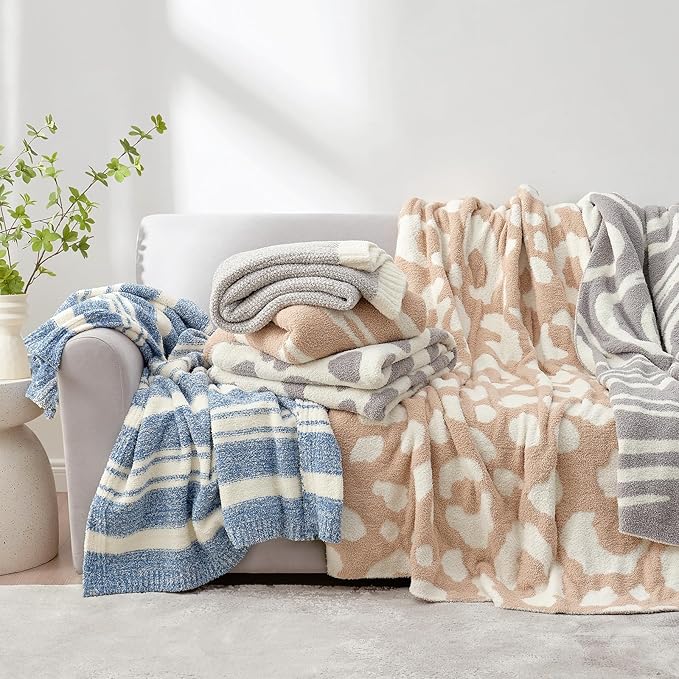 Snuggle Sac Knitted Throw Blanket for Couch, Reversible Super Soft Microfiber Blankets Warm Cozy Knit Fuzzy Plush Lightweight Throws for Sofa, Bed, Camping, Picnic, Stripe Blue, 50 x 60 inches