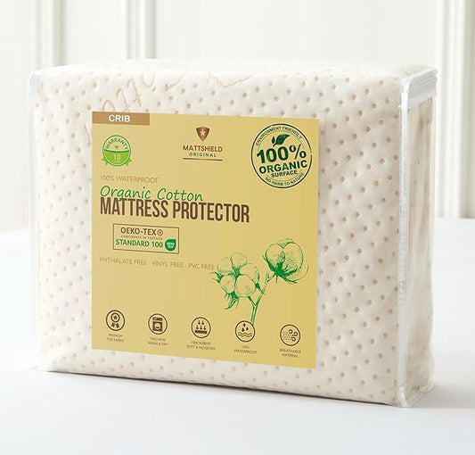 Luxury Organic Mattress Protector Pad Crib - Certified Organic Cotton, Waterproof Skin-Friendly Breathable Mattress Cover - Premium 380 GSM Comfort - Jersey Cotton Skirt
