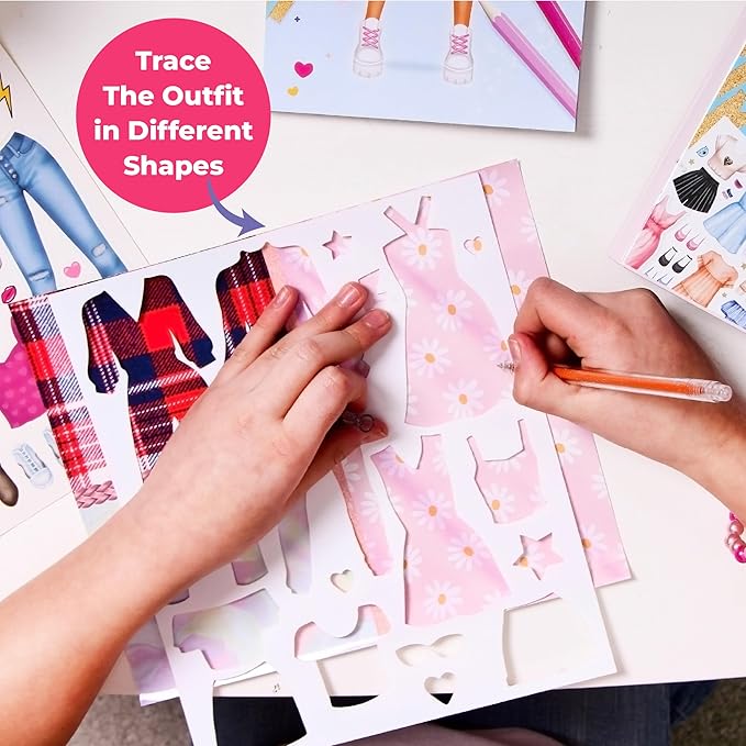 BSCOOL Fashion Studio Drawing, Coloring & Little Designer Creativity Book for Kids 4 and Up with Stickers, Stencils, Textures - Creative Fashion Design Sketchbook for Girls